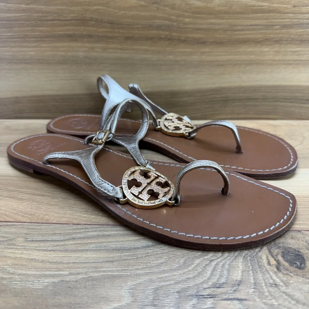 Tory Burch Gold T Strap Sandals Womens 11 M Leather Rhinestones Chic Travel